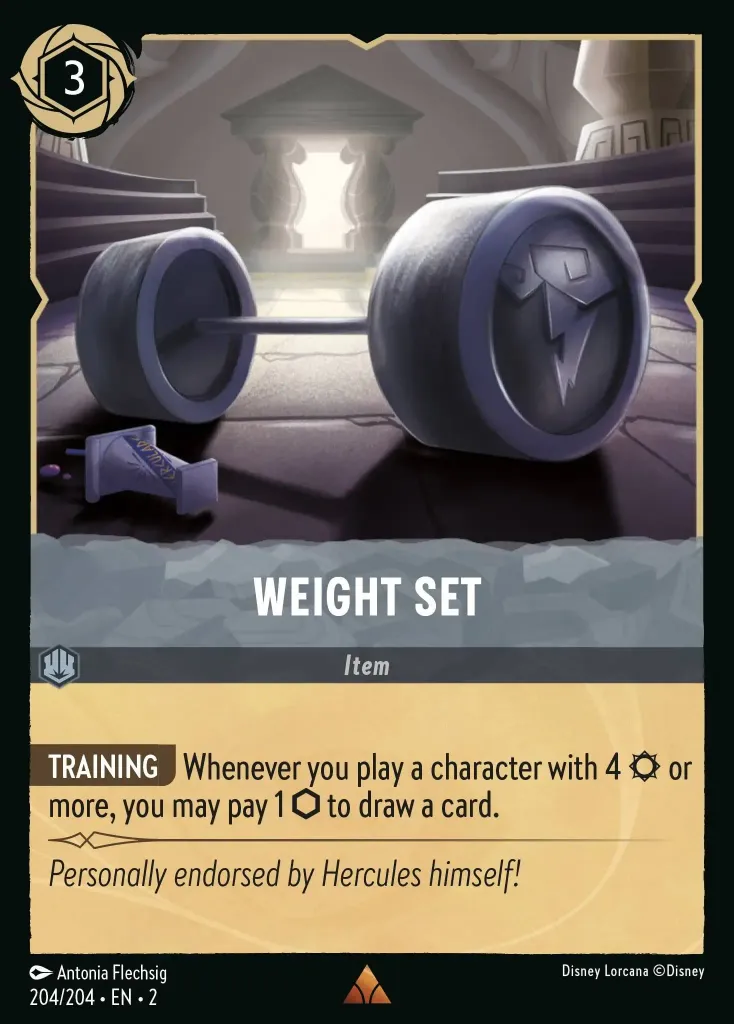 Weight Set: **TRAINING** Whenever you play a character with 4 {S} or more, you may pay 1 {I} to draw a card.
