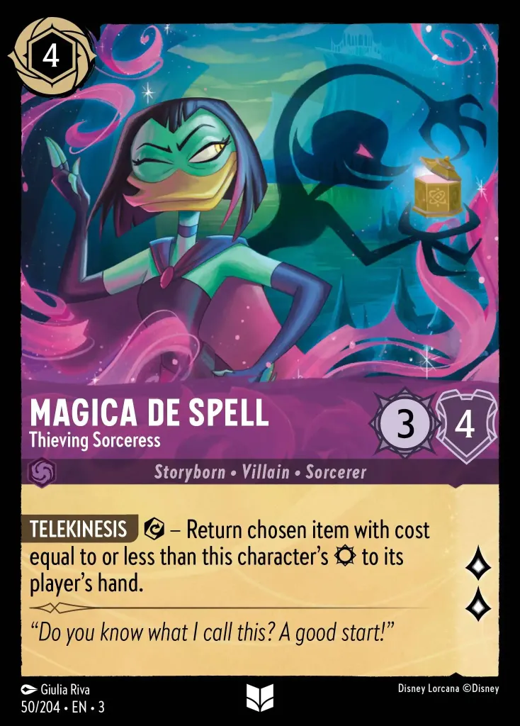 Magica De Spell - Thieving Sorceress: **TELEKINESIS** {E} – Return chosen item with cost equal to or less than this character's {S} to its player's hand.