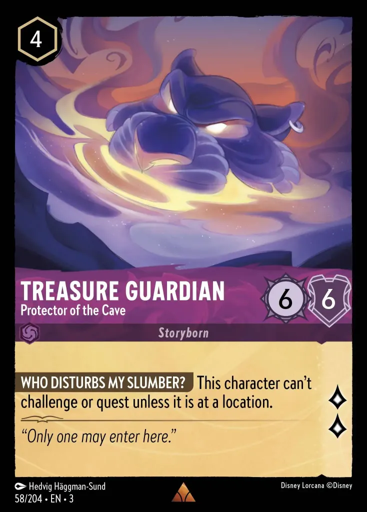 Treasure Guardian - Protector of the Cave: **WHO DISTURBS MY SLUMBER?** This character can't challenge or quest unless it is at a location.