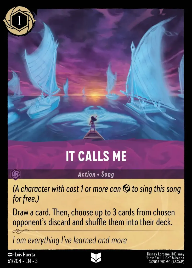 It Calls Me: Draw a card. Shuffle up to 3 cards from your opponent's discard into your opponent's deck.