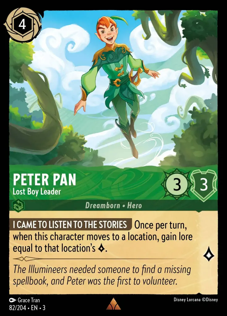 Peter Pan - Lost Boy Leader: **I CAME TO LISTEN TO THE STORIES** Once per turn, when this character moves to a location, gain lore equal to that location's {L}.