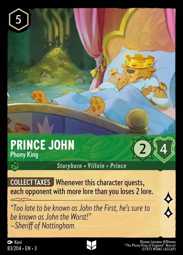 Prince John - Phony King: **COLLECT TAXES** Whenever this character quests, each opponent with more Lore than you loses 2 Lore.