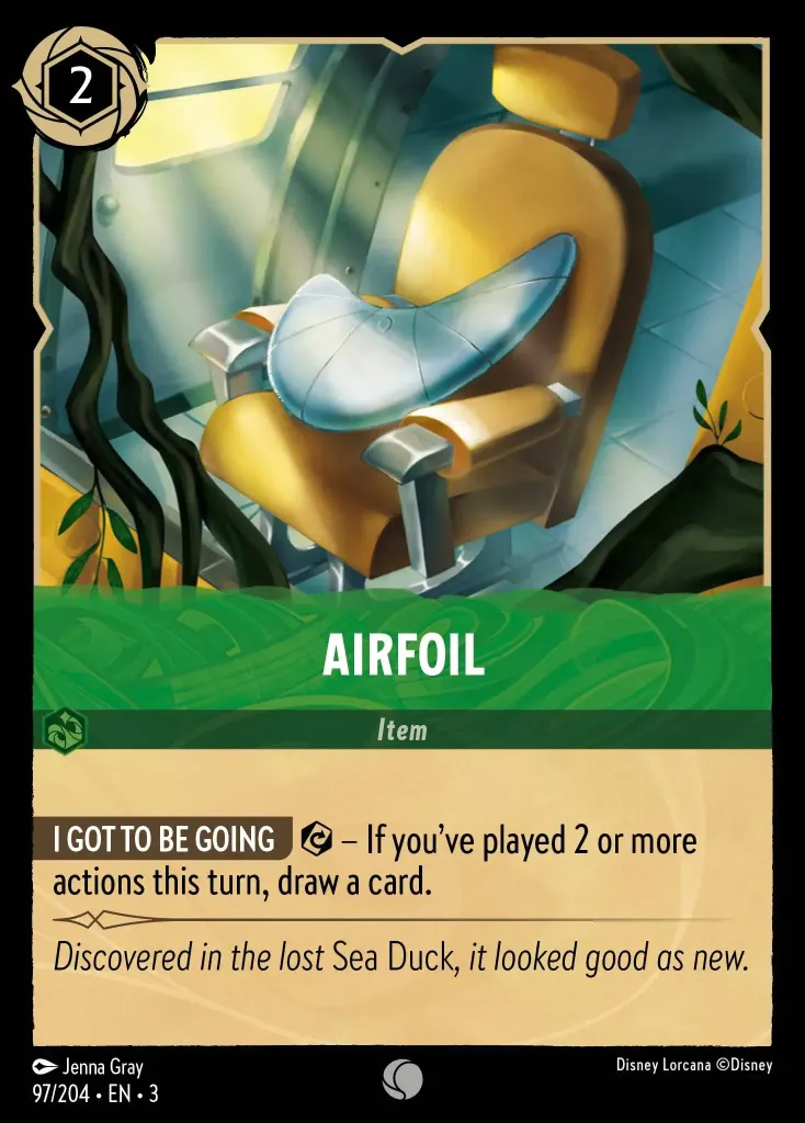 Airfoil: **I GOT TO BE GOING** {E} – If you've played 2 or more actions this turn, draw a card.
