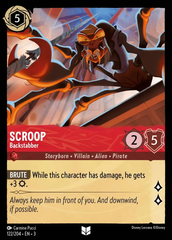 Scroop - Backstabber: **BRUTE** While this character has damage, he gets +3 {S}.