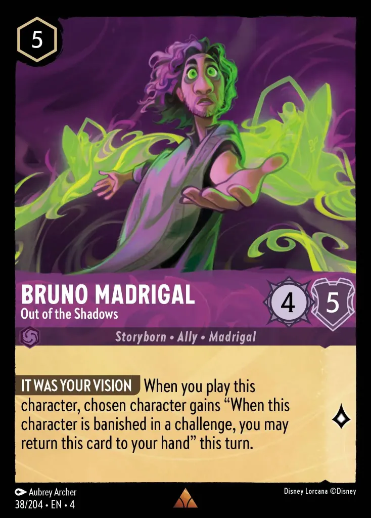 Bruno Madrigal - Out of the Shadows: **IT WAS YOUR VISION** When you play this character, chosen character gains "When this character is banished in a challenge, you may return this card to your hand" this turn.