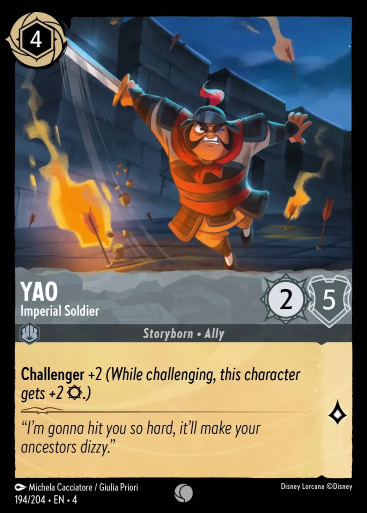 Yao - Imperial Soldier: **Challenger +2** _(While challenging, this character gets +2 {S}.)_