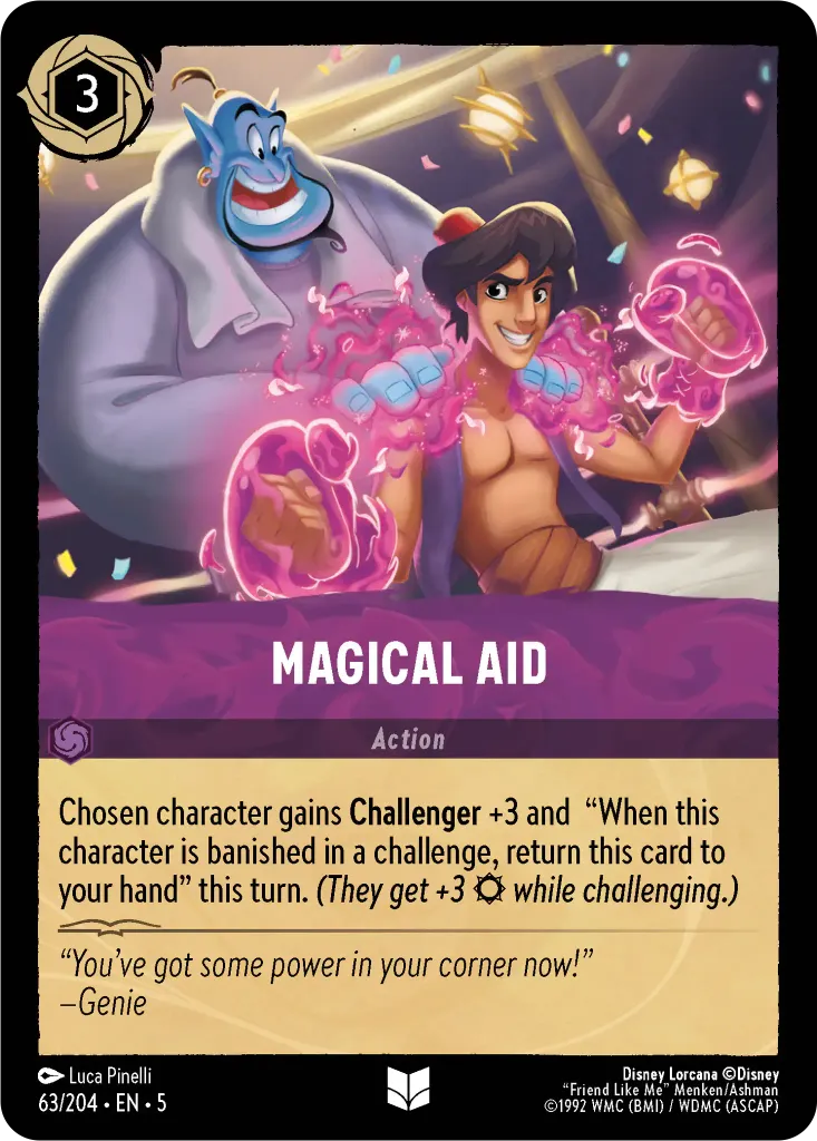 Magical Aid: Chosen character gains **Challenger** +3 and When this character is banished in a challenge, return this card to your hand this turn. _(They get +3 {S} while challenging.)_
