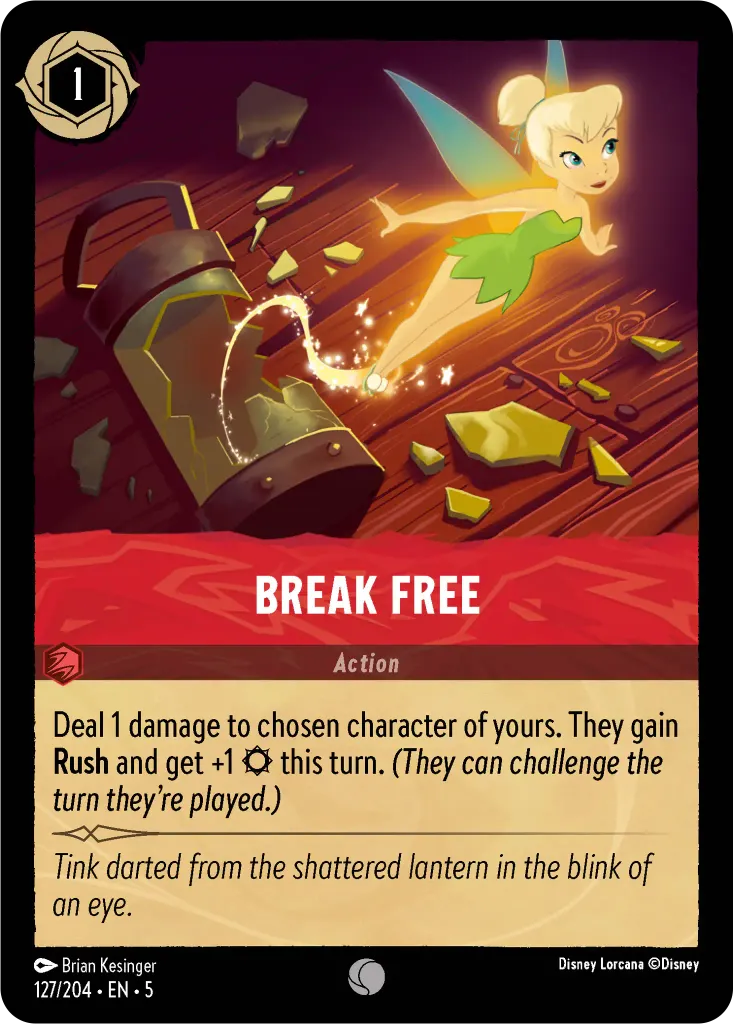 Break Free: Deal 1 damage to chosen character of yours. They gain **Rush** and get +1 {S} this turn. _(They can challenge the turn they’re played.)_