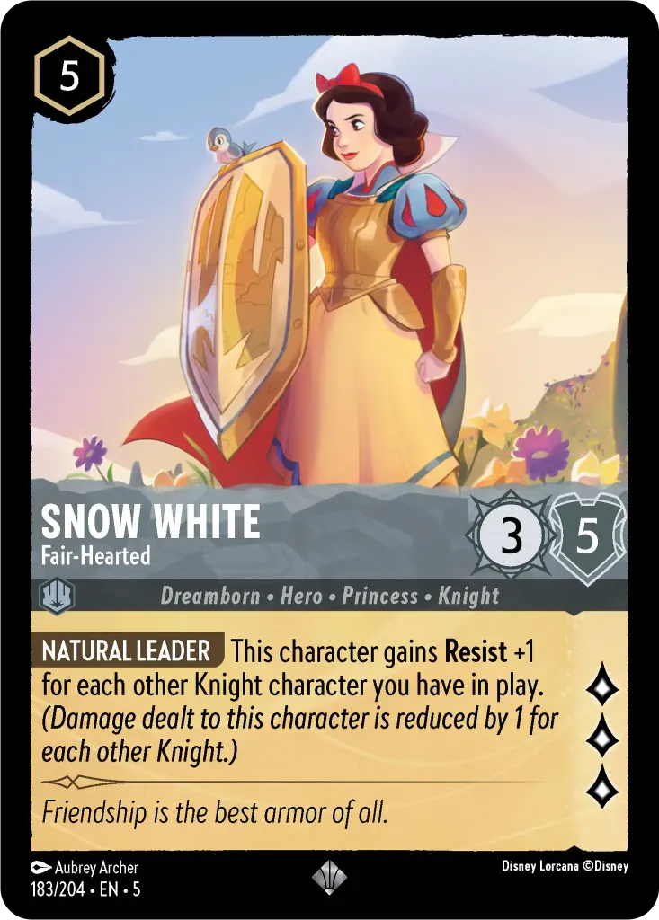 Snow White - Fair-Hearted: **NATURAL LEADER** This character gains **Resist** +1 for each other Knight character you have in play. _(Damage dealt to this character is reduced by 1 for each other Knight.)_