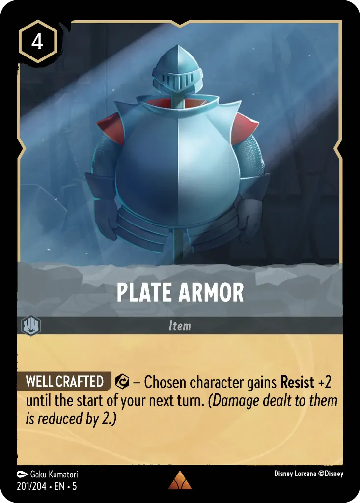 Plate Armor: **WELL CRAFTED** {E} – Chosen character gains **Resist** +2 until the start of your next turn. _(Damage dealt to them is reduced by 2.)_