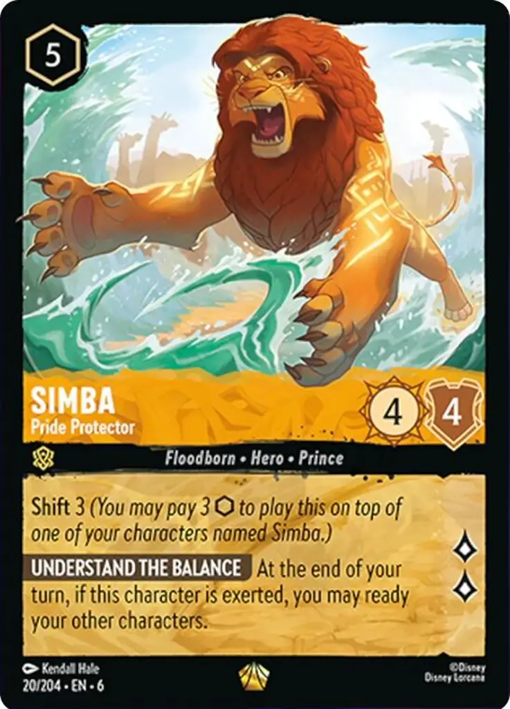 Simba - Pride Protector: Shift 3 (You may pay 3 {I} to play this on top of one of your characters named Simba.)
UNDERSTAND THE BALANCE At the end of your turn, if this character is exerted, you may ready your other characters.