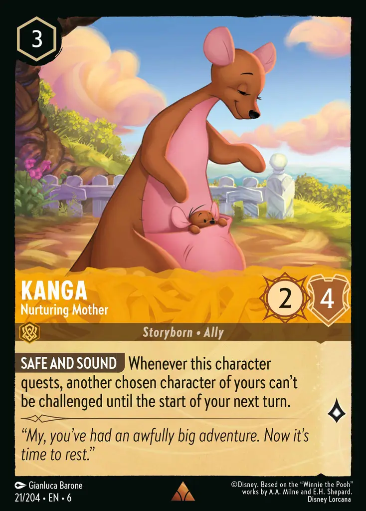 Kanga - Nurturing Mother: SAFE AND SOUND Whenever this character quests, choose a character of yours and that character can't be challenged until the start of your next turn.