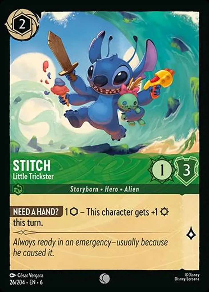 Stitch - Little Trickster: NEED A HAND? 1 {I} - This character gets +1 {S} this turn.