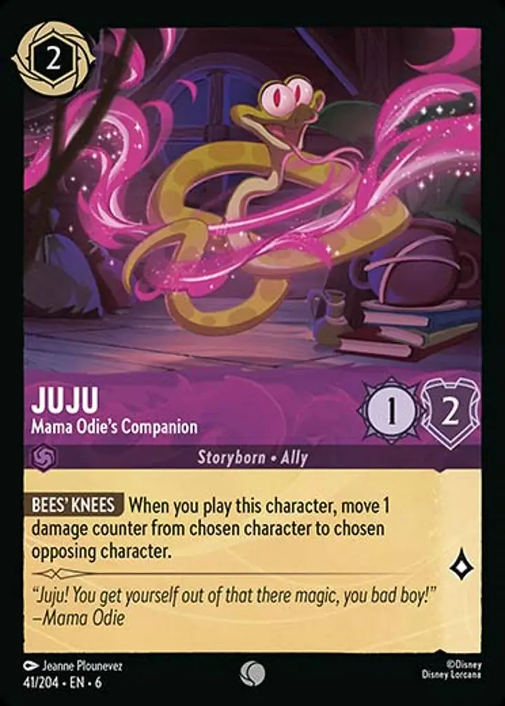Juju - Mama Odie's Companion: BEES' KNEES When you play this character, move 1 damage counter from chosen character to chosen opposing character.