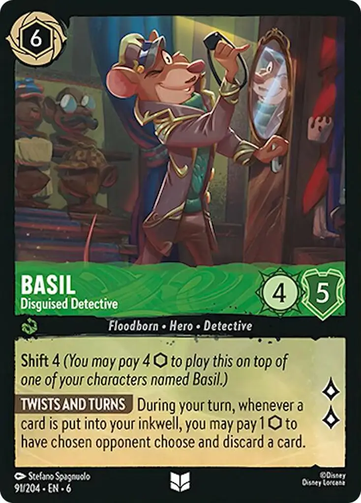 Basil - Disguised Detective: Shift 4 (You may pay 4 {I} to play this on top of one of your characters named Basil.)
TWISTS AND TURNS During your turn, whenever a card is put into your inkwell, you may pay 1 {I} to have chosen opponent choose and discard a card.