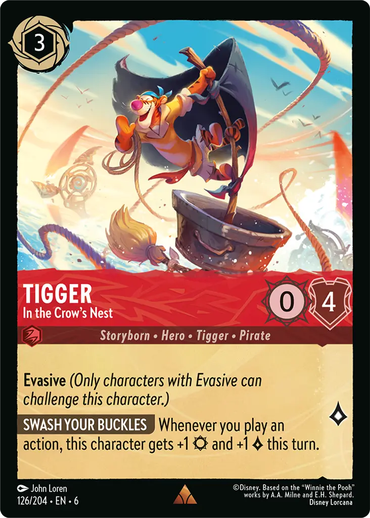 Tigger - In the Crow's Nest: **Evasive** _(Only characters with Evasive can challenge this character.)_

**SWASH YOUR BUCKLES** Whenever you play an action, this character gets +1 {S} and +1 {L} this turn.