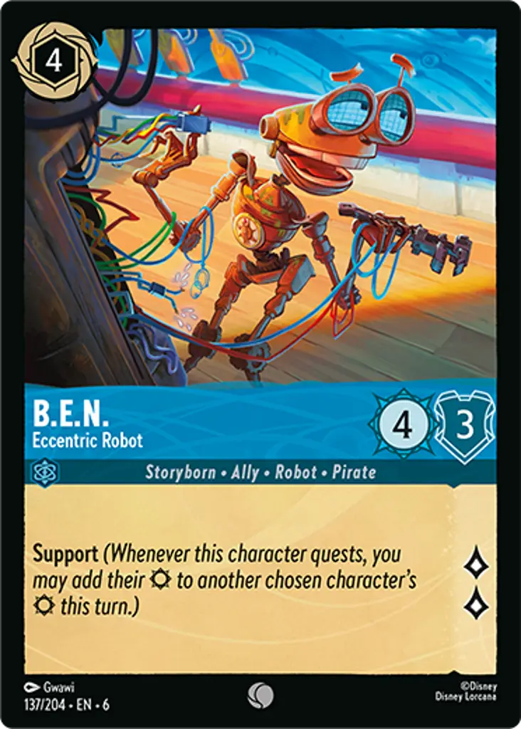 B.E.N. - Eccentric Robot: Support (Whenever this character quests, you may add their {S} to another chosen character's {S} this turn.)