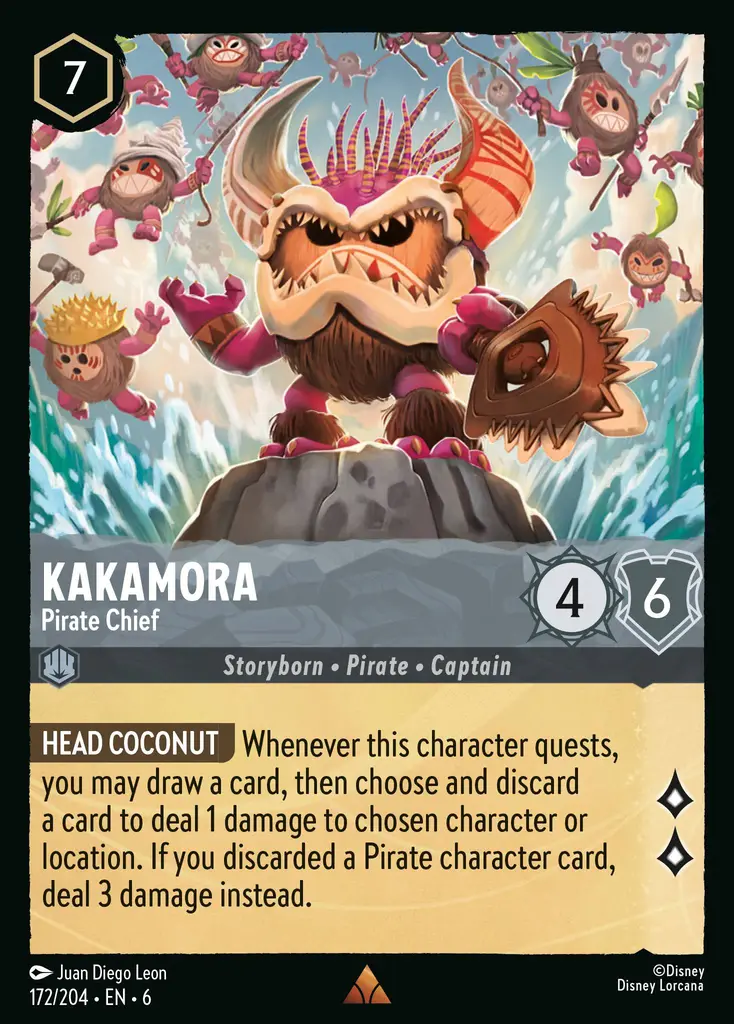 Kakamora - Pirate Chief: COCONUT LEADER Whenever this character quests, you may draw a card. Then, choose and discard a card to deal 1 damage to chosen character or location. If a Pirate character card was discarded, deal 3 damage to that character or location instead.