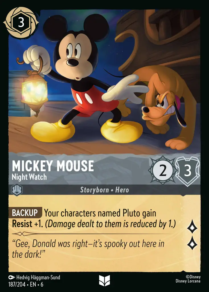Mickey Mouse - Night Watch: SUPPORT Your Pluto characters get Resist +1. (Damage dealt to them is reduced by 1.)