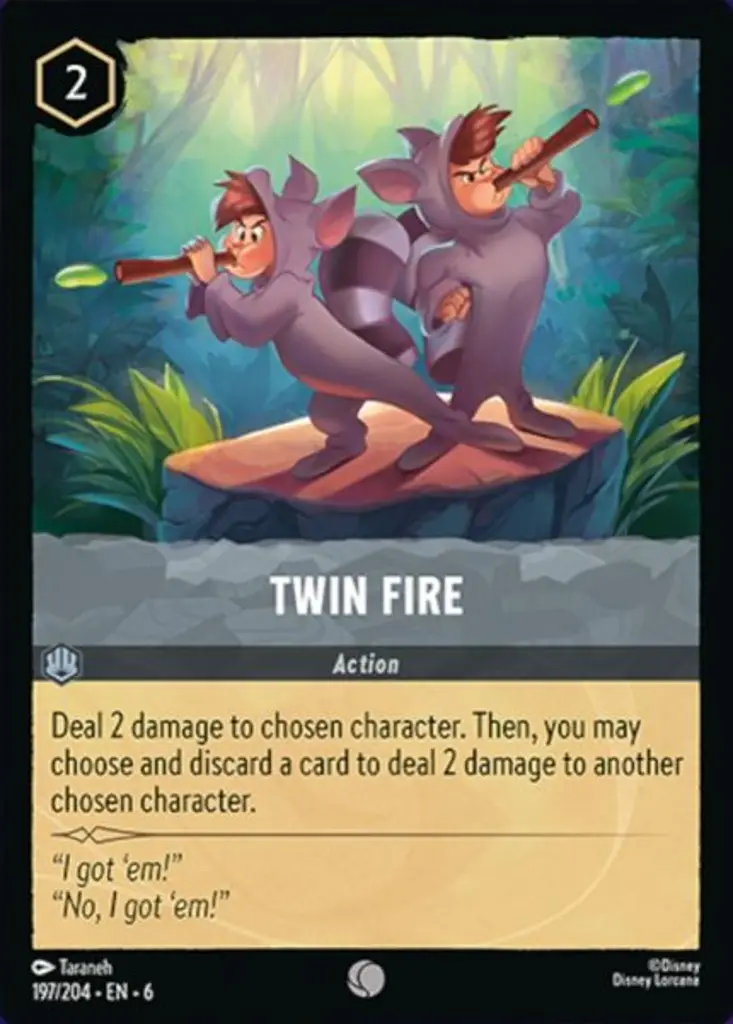 Twin Fire: Deal 2 damage to chosen character. Then, you may choose and discard a card to deal 2 damage to another chosen character.