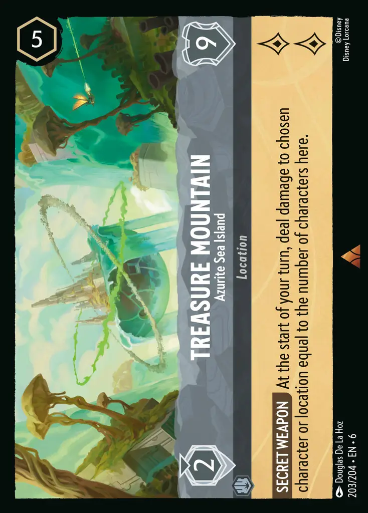 Treasure Mountain - Azurite Sea Island: SECRET WEAPON At the start of your turn, deal damage to chosen character or location equal to the number of characters here.