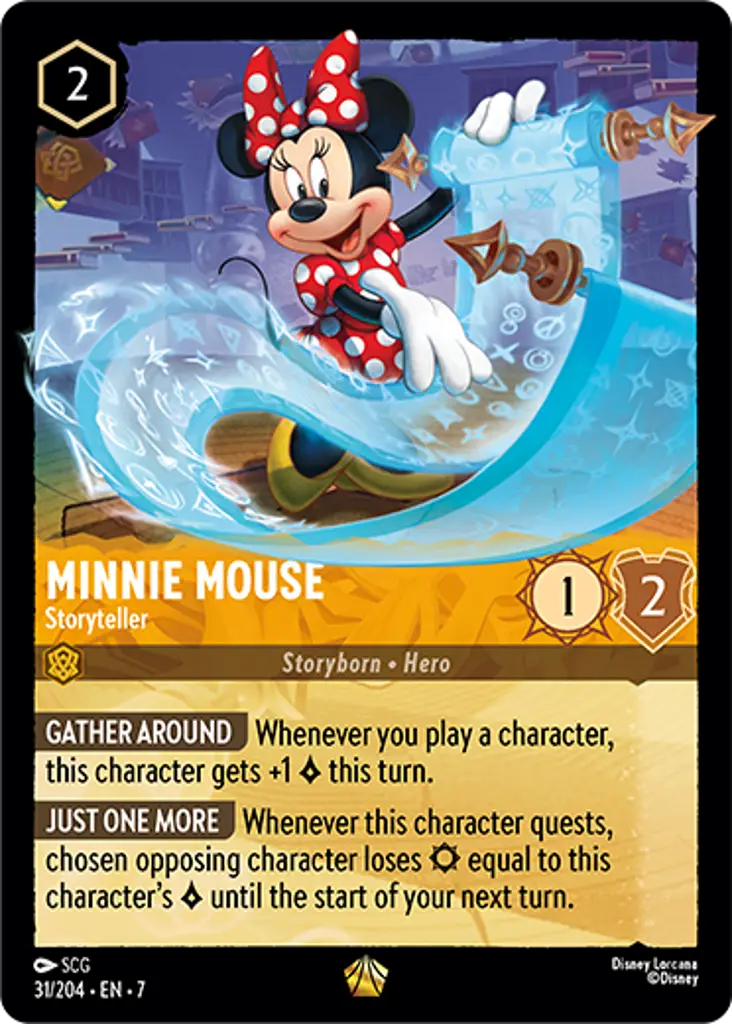 Minnie Mouse - Storyteller: GATHER AROUND Whenever you play a character, this character gets +1 {L} this turn.
JUST ONE MORE Whenever this character quests, chosen opposing character loses {S} equal to this character's {L} until the start of your next turn.