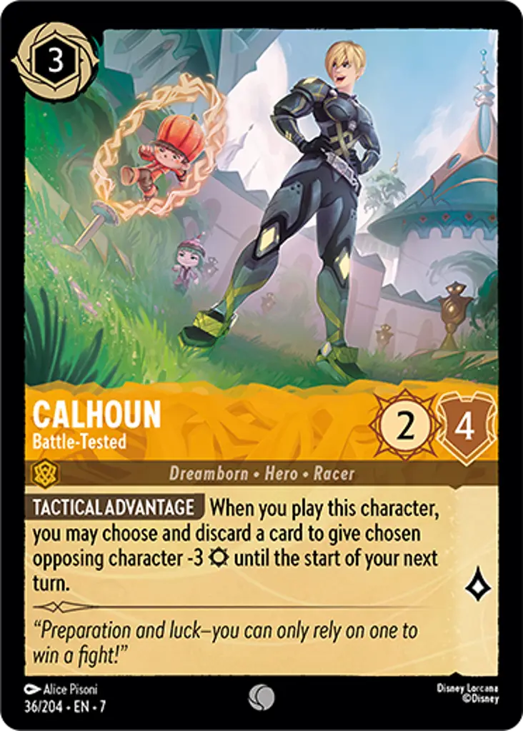 Calhoun - Battle-Tested: TACTICAL ADVANTAGE When you play this character, you may choose and discard a card to give chosen opposing character -3 {S} until the start of your next turn.