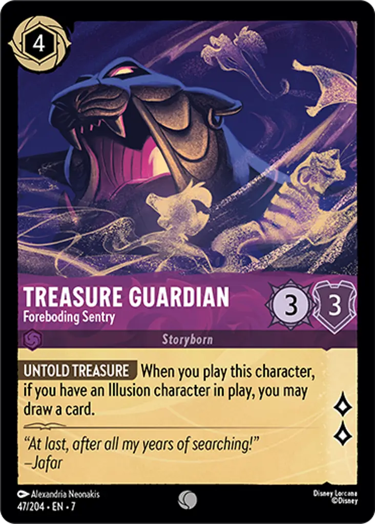 Treasure Guardian - Foreboding Sentry: UNTOLD TREASURE When you play this character, if you have an Illusion character in play, you may draw a card.