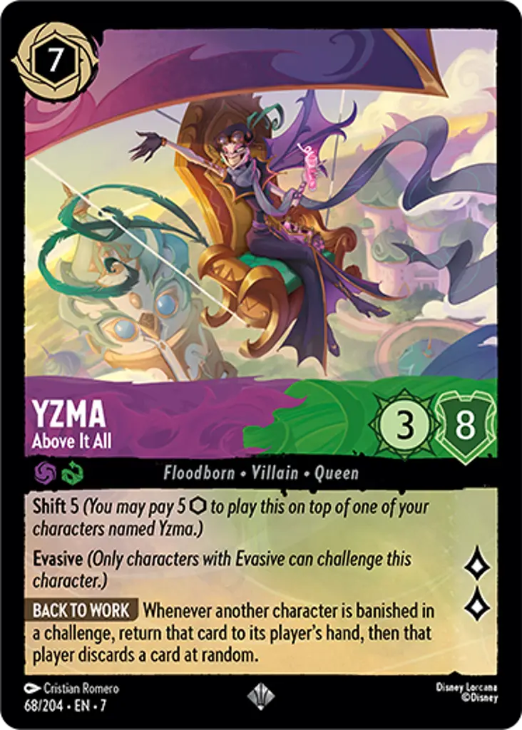 Yzma - Above It All: Shift 5
Evasive
BACK TO WORK Whenever another character is banished in a challenge, return that card to its player's hand, then that player discards a card at random.