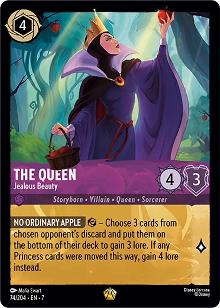 The Queen - Jealous Beauty: NOT AN ORDINARY APPLE {E} - Choose 3 cards in an opponent's discard and put them under their deck to gain 3 lore. If you moved at least 1 Princess this way, gain 4 lore instead.