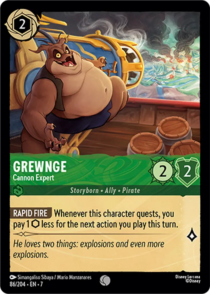 Grewnge - Cannon Expert: RAPID FIRE Whenever this character quests, you pay 1 {I} less for the next action you play this turn.