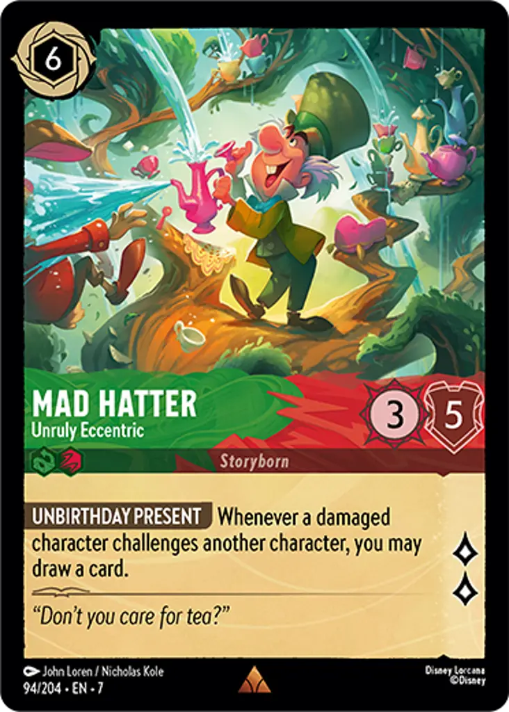 Mad Hatter - Unruly Eccentric: UNBIRTHDAY PRESENT Whenever a damaged character challenges another character, you may draw a card.
