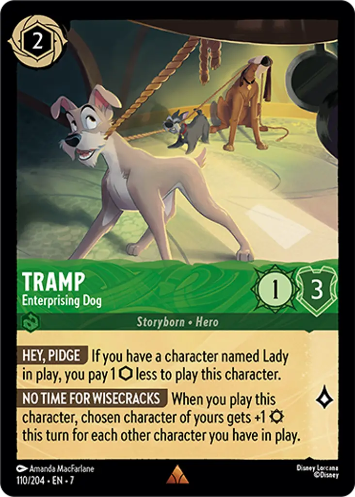 Tramp - Enterprising Dog: HEY, PIDGE If you have a character named Lady in play, you pay 1 {I} less to play this character.
NO TIME FOR WISECRACKS When you play this character, chosen character of yours gets +1 {S} this turn for each other character you have in play.
