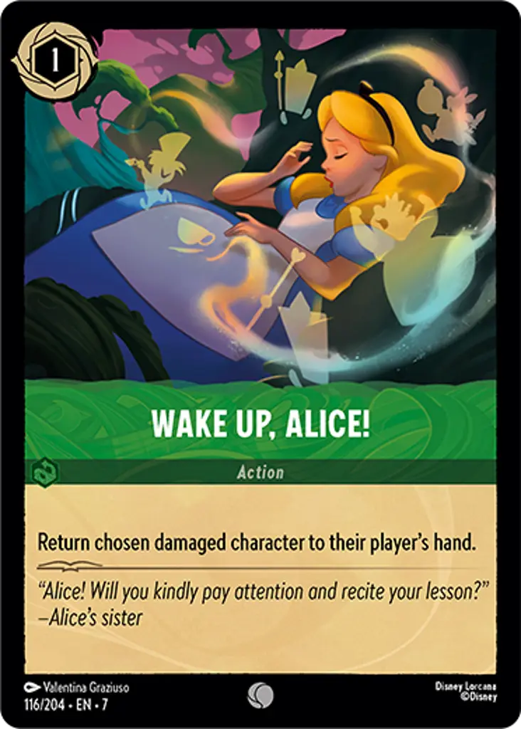 Wake Up, Alice!: Return chosen damaged character to their player's hand.