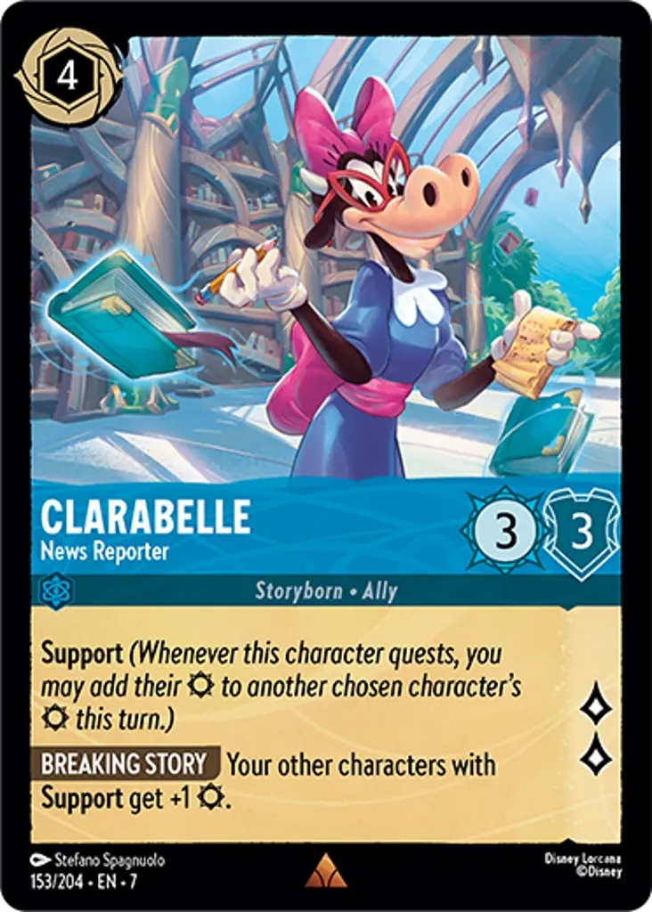 Clarabelle - News Reporter: SUPPORTBREAKING STORY Your other characters with Support gain +1 {S}.