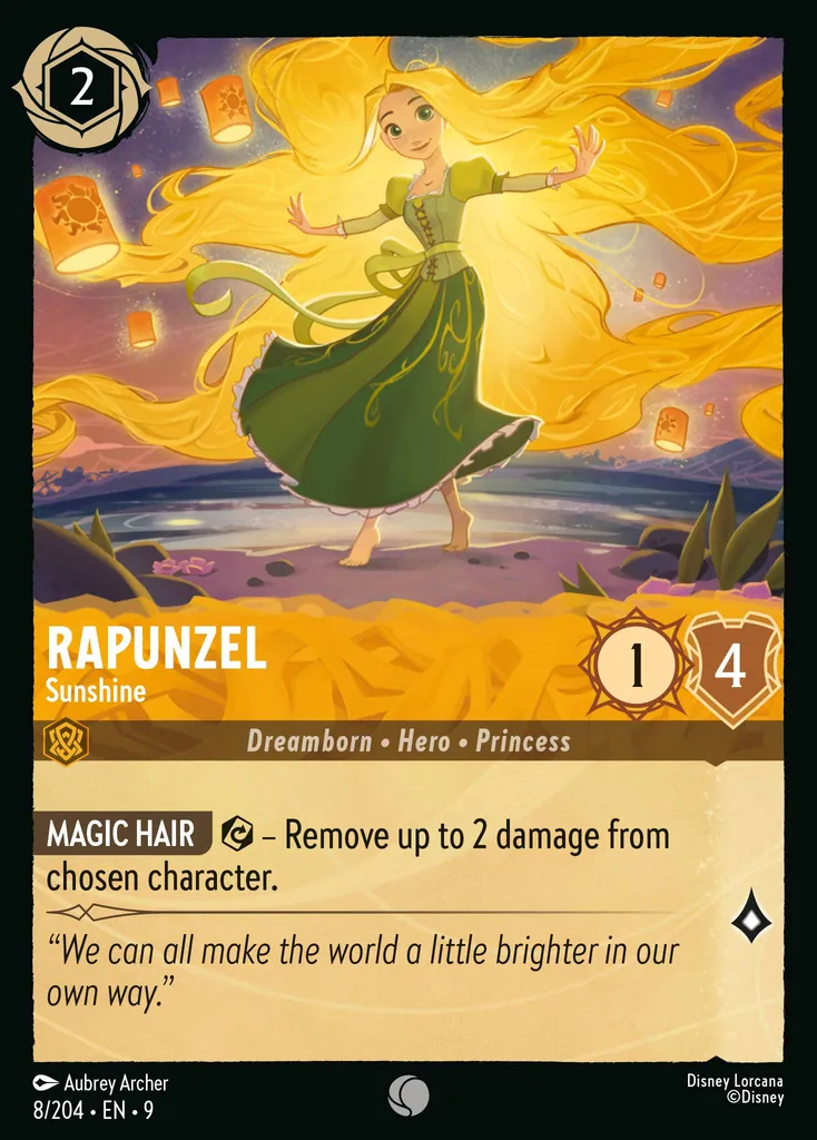 Rapunzel - Sunshine: **MAGIC HAIR** {E} − Remove up to 2 damage from chosen character.