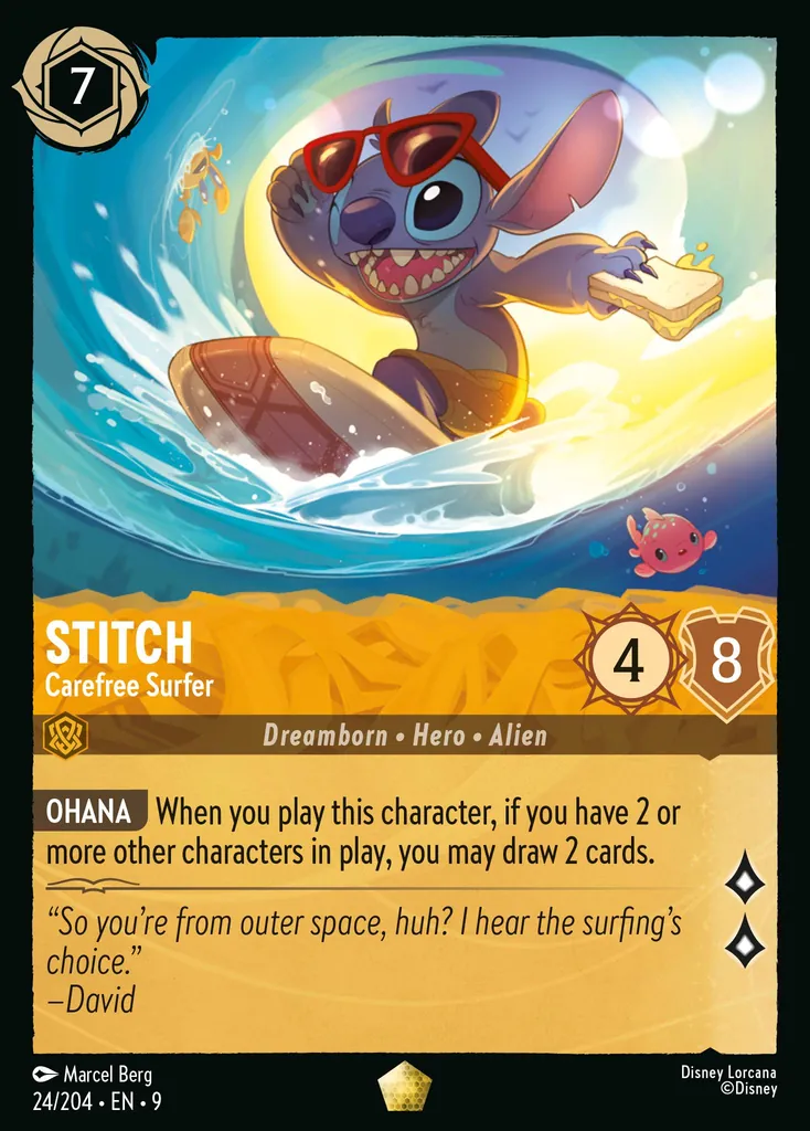 Stitch - Carefree Surfer: **OHANA** When you play this character, if you have 2 or more other characters in play, you may draw 2 cards.