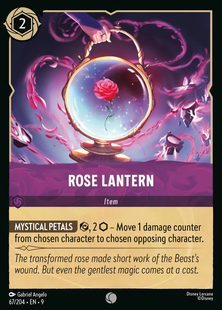 Rose Lantern: MYSTICAL PETALS  {E}, 2 {I} − Move 1 damage counter from chosen character to chosen opposing character.