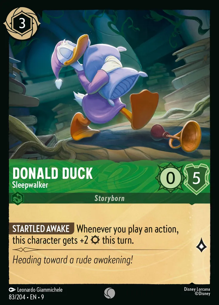 Donald Duck - Sleepwalker: **STARTLED AWAKE** Whenever you play an action, this character gets +2 {S} this turn.
