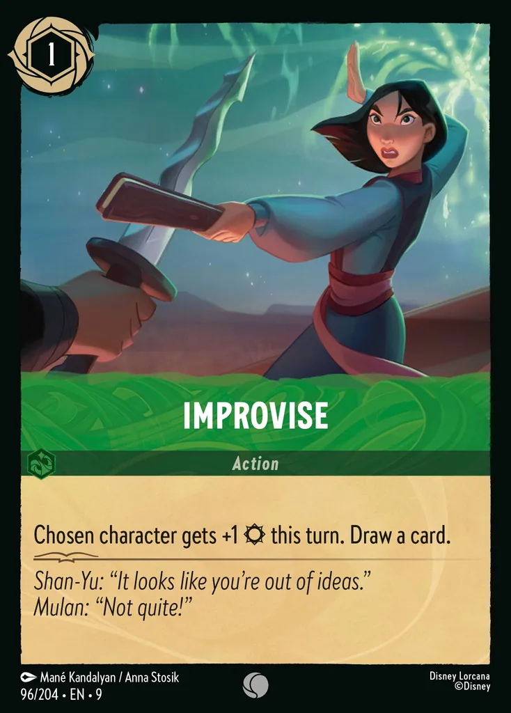 Improvise: Chosen character gets +1 {S} this turn. Draw a card.