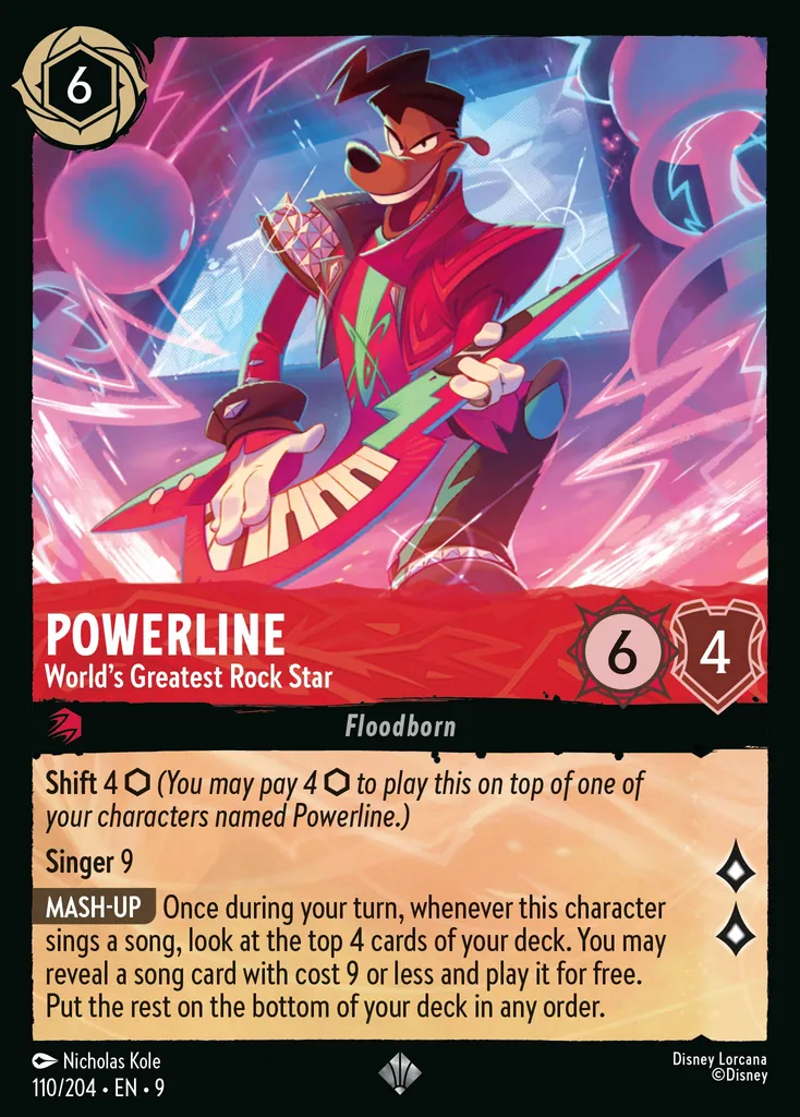 Powerline - World's Greatest Rock Star: Shift 4 {I} (You may pay 4 {I} to play this on top of one of your characters named Powerline.)
Singer 9
MASH-UP Once during your turn, whenever this character sings a song, look at the top 4 cards of your deck. You may reveal a song card with cost 9 or less and play it for free. Put the rest on the bottom of your deck in any order.