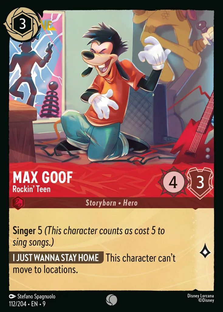 Max Goof - Rockin' Teen: Singer 5 (This character counts as cost 5 to sing songs.)
I JUST WANNA STAY HOME This character can't move to locations.