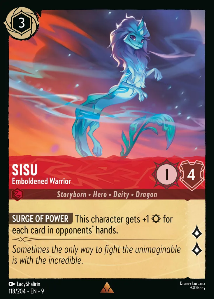 Sisu - Emboldened Warrior: **SURGE OF POWER** This character gets +1 {S} for each card in opponent's hands.