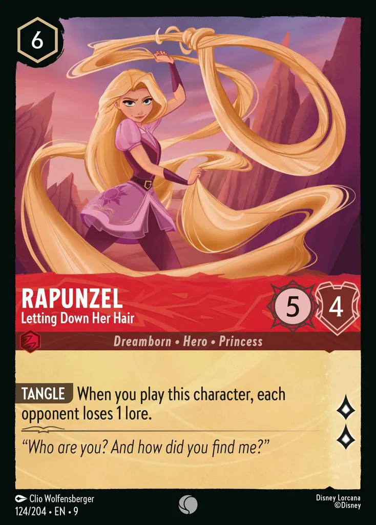 Rapunzel - Letting Down Her Hair: **TANGLE** When you play this character, each opponent loses 1 lore.