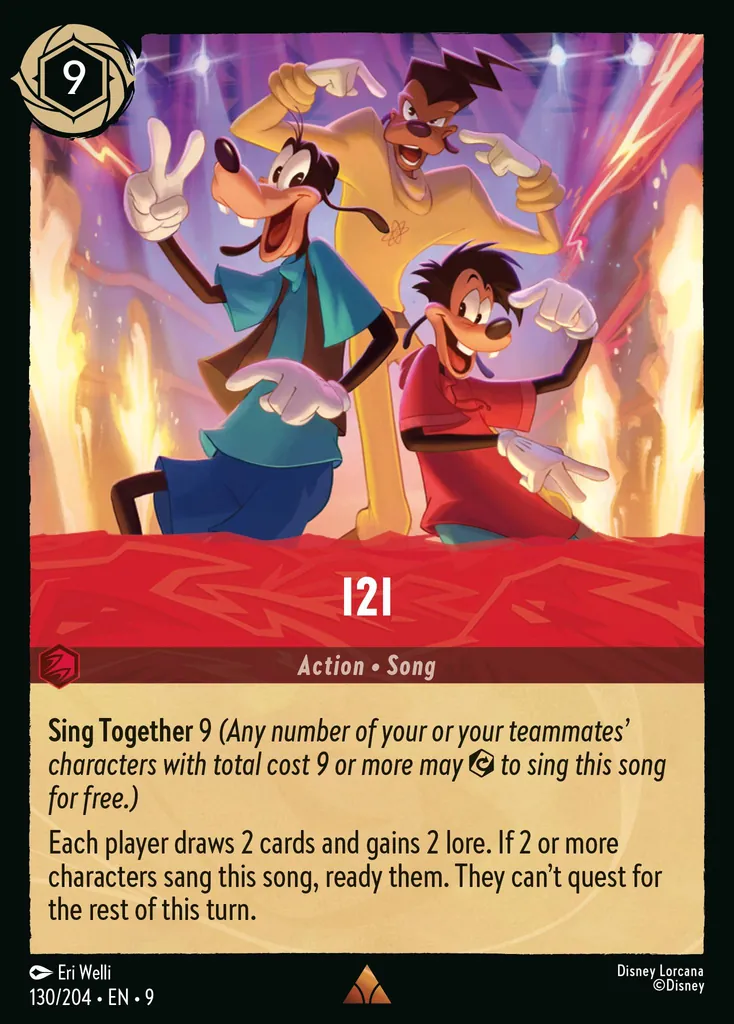 I2I: Sing Together 9 (Any number of your or your teammates’ characters with total cost 9 or more may {E} to sing this song for free.)
Each player draws 2 cards and gains 2 lore. If 2 or more characters sang this song, ready them. They can’t quest for the rest of this turn.