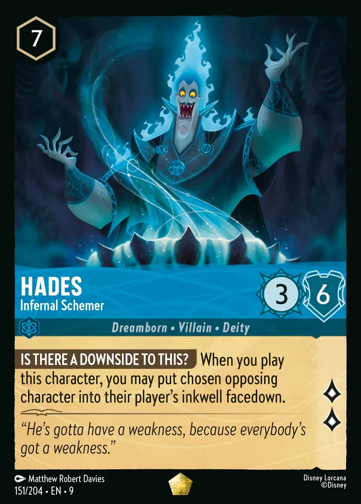 Hades - Infernal Schemer: **IS THERE A DOWNSIDE TO THIS?** When you play this character, you may put chosen opposing character into their player's inkwell facedown.